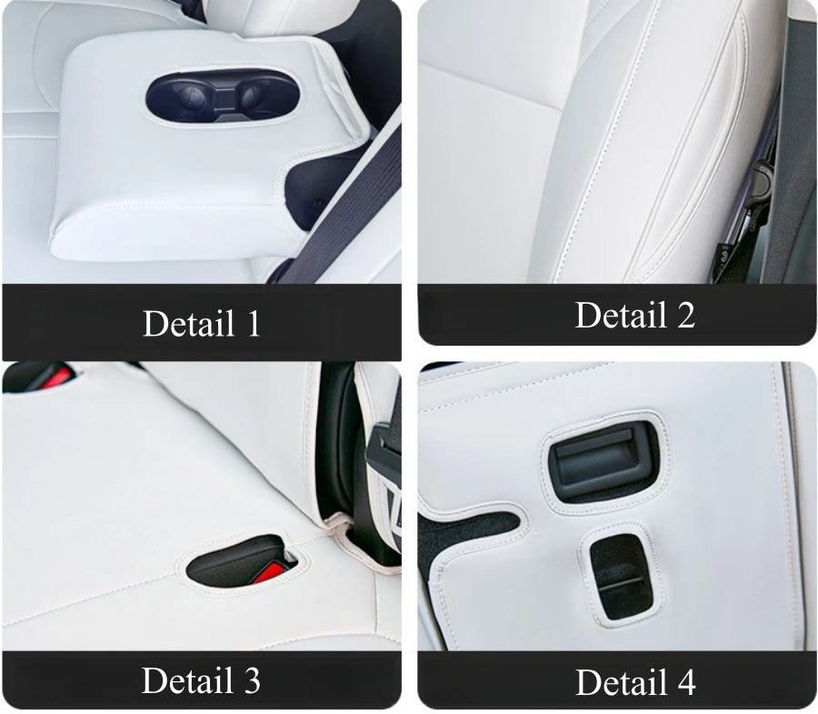White PU Leather Seat Covers for Tesla Model Y and Model 3, Full 5-Seat Set