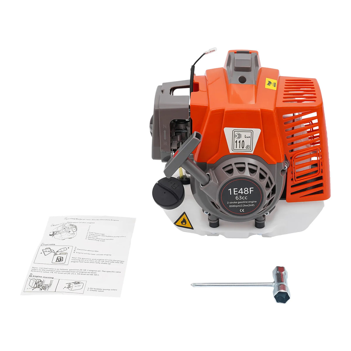 63cc 2-Stroke Gas Engine, 2.2 kW 8500 RPM for Tiller and Generator