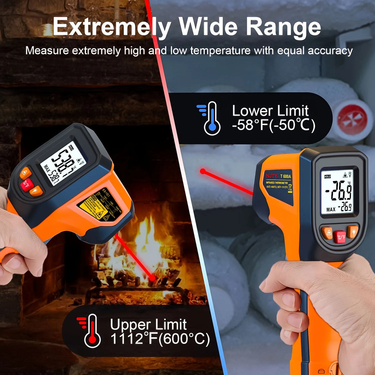 T600 Laser Temperature Gun, Infrared Thermometer Sensor Handheld Non-Contact IR LCD Industrial Pyrometer 600°C