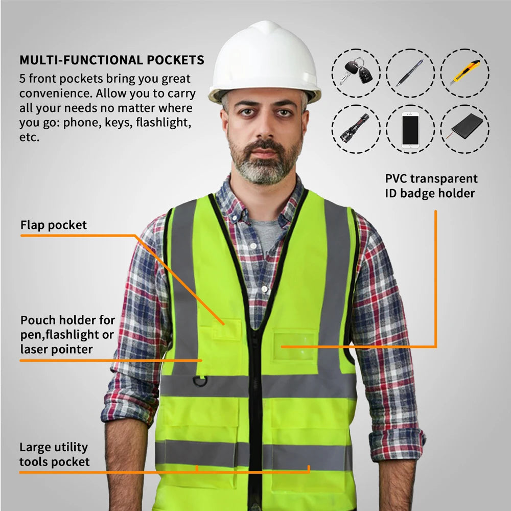 Safety Vest Customize Logo Class 2 Hi Vis Vest with 5 Pockets Construction Security Work Vest ANSI/ISEA Standards