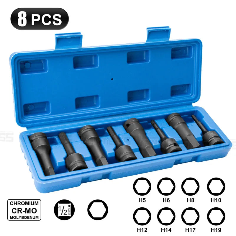 1/2" Drive Master Impact Hex Bit Set, Hex Driver,1/2" Drive Allen Bit Socket Set,Standard Metric Sizes,Cr-Mo Steel,Impact Grade