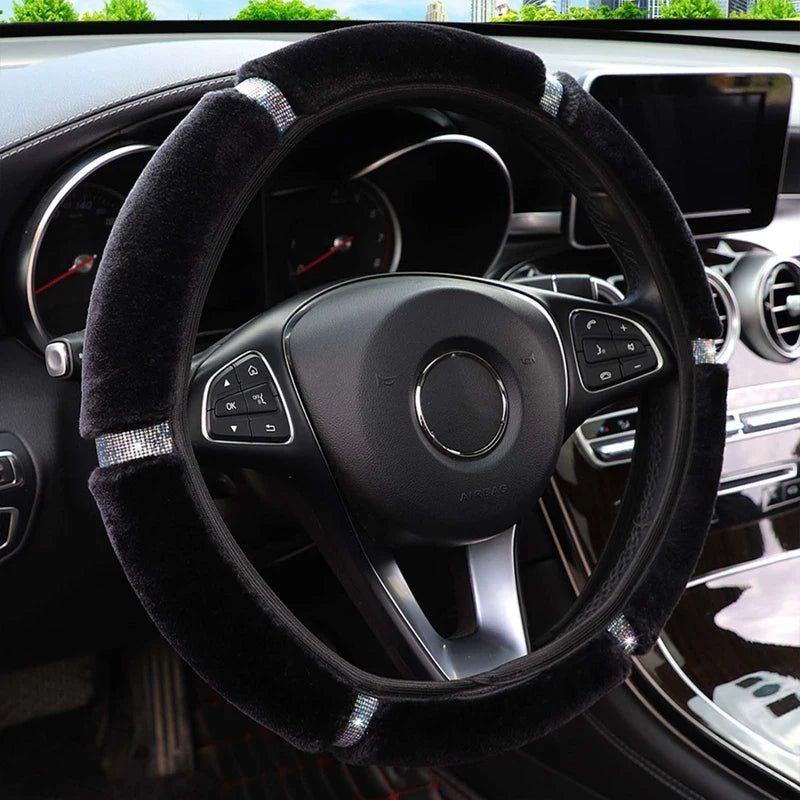 Plush Steering Wheel, Gearshift & Handbrake Cover Set with Rhinestones