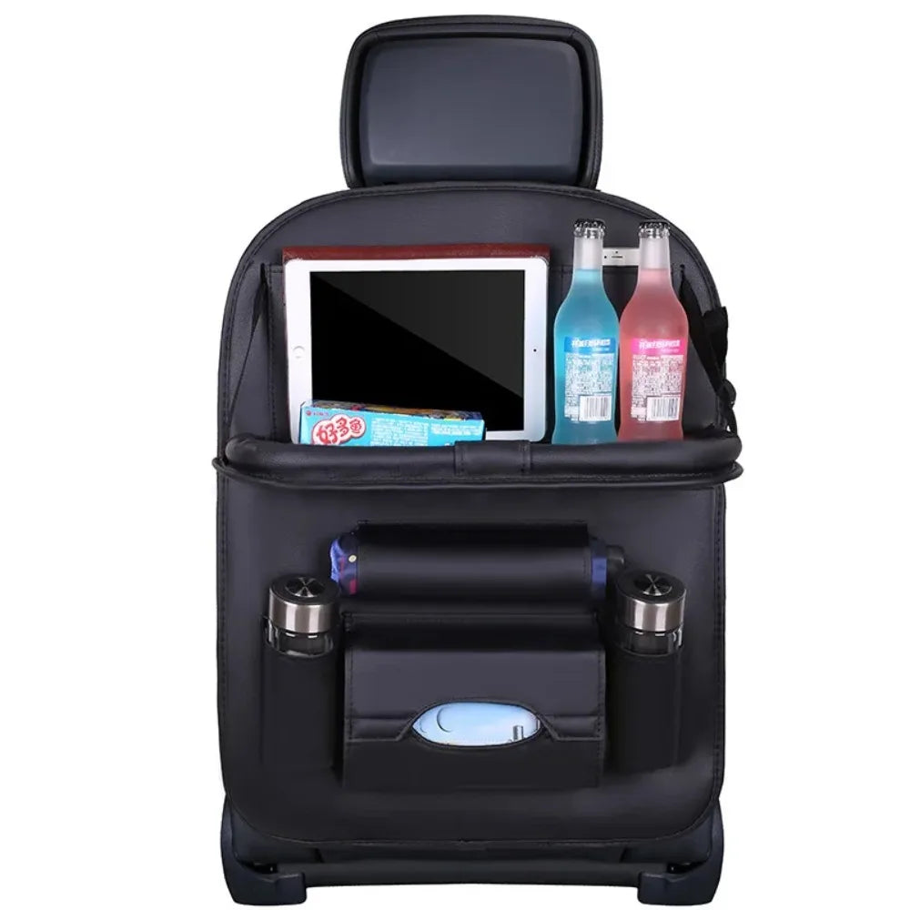 PU Leather Car Seat Back Organizer with Foldable Tray