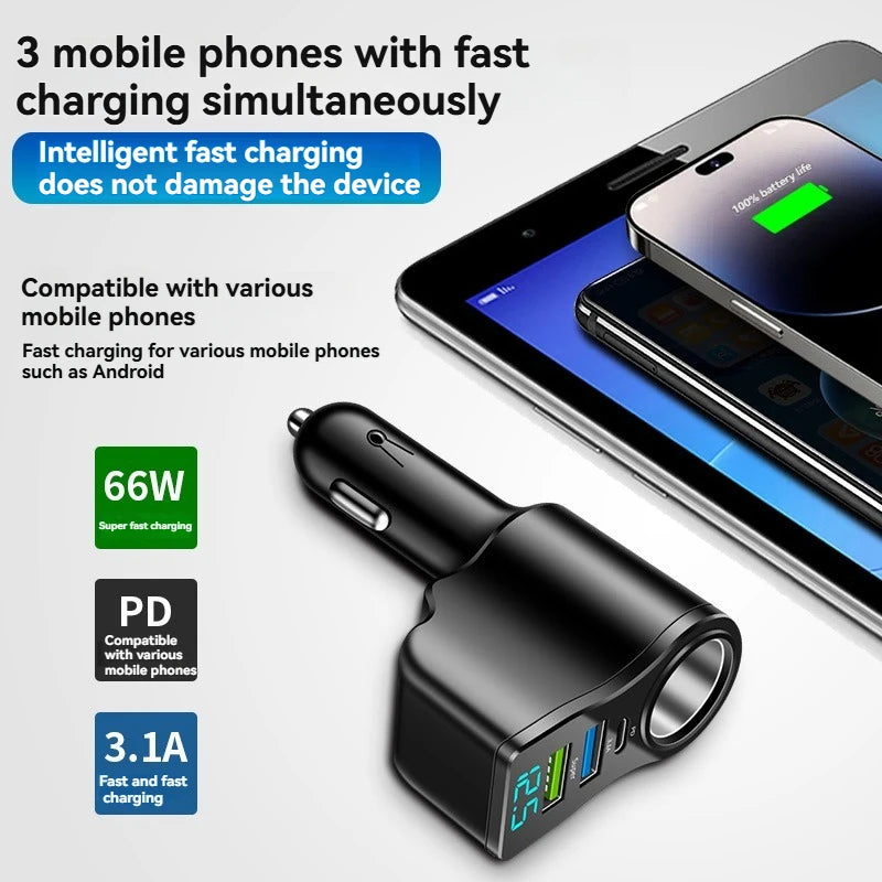 Car Socket Splitter with 2 USB and USB-C PD Ports, 12/24V