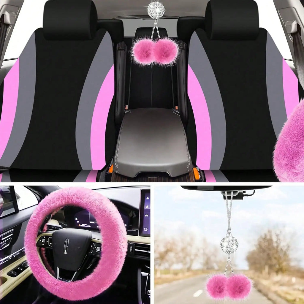 35-Piece Luxury Car Seat Cover Set - Soft Fluffy Steering Wheel Cover, Universal Safety Belt Protectors, Gear Shift Cover, Fashionable Interior Accessories For Women - Premium Polyester Fiber, Easy To Install, Stylish, And Pr