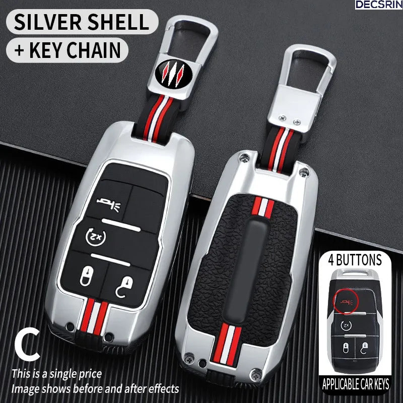 Silver shell car key fob cover case for Dodge RAM 1500 2500 3500 with 4 buttons and keychain accessory.