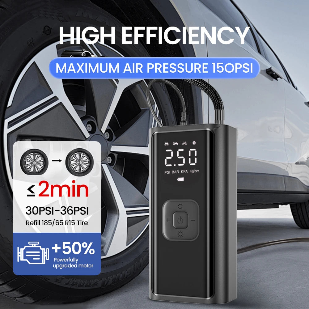 Portable Car Tire Inflator Fast Air Compressor with Accurate Pressure - Quick Inflation for Motorcycle/ Bicycle/ E-bike/ Ball