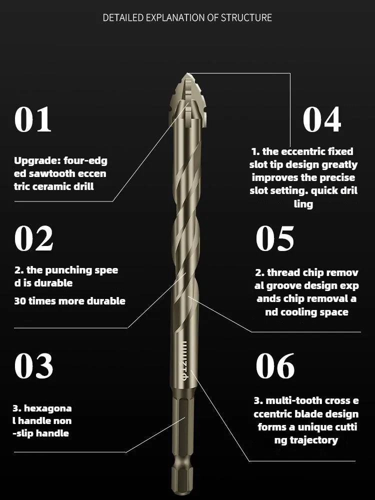 High-Four-Edged Serrated Eccentric Drill for Dry Drilling of Ceramic Tiles, Glass, Marble, Concrete, Stainless Steel Drill Bits