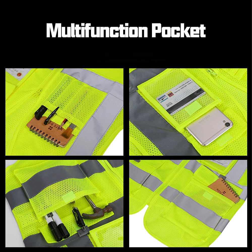 Hi Vis Workwear Men's Work Vest with Mesh Fabric Summer Breathable Multi Pockets Construction Industrial Safety Clothing