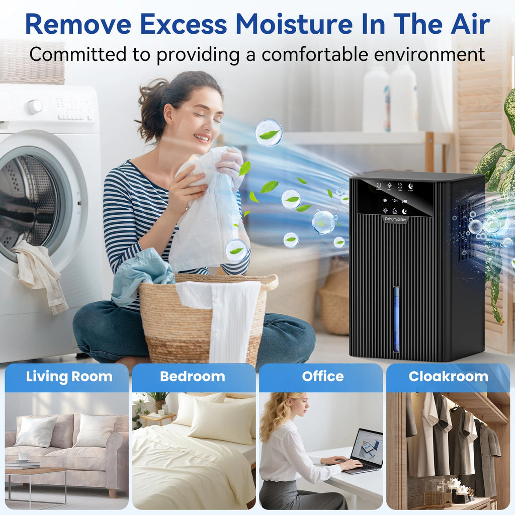 Portable home dehumidifier with 2200ml tank, large capacity damp remover