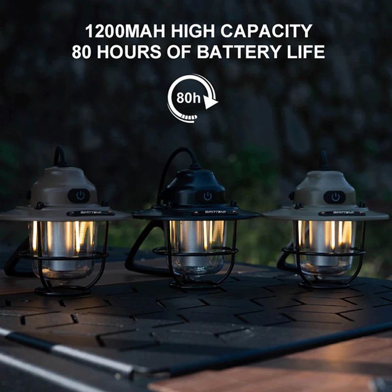 Portable Camping Lanterns Retro Hanging Tent Lamp Waterproof Dimmable Camping Light 1200mAh for Hiking Fishing Emergency Lantern