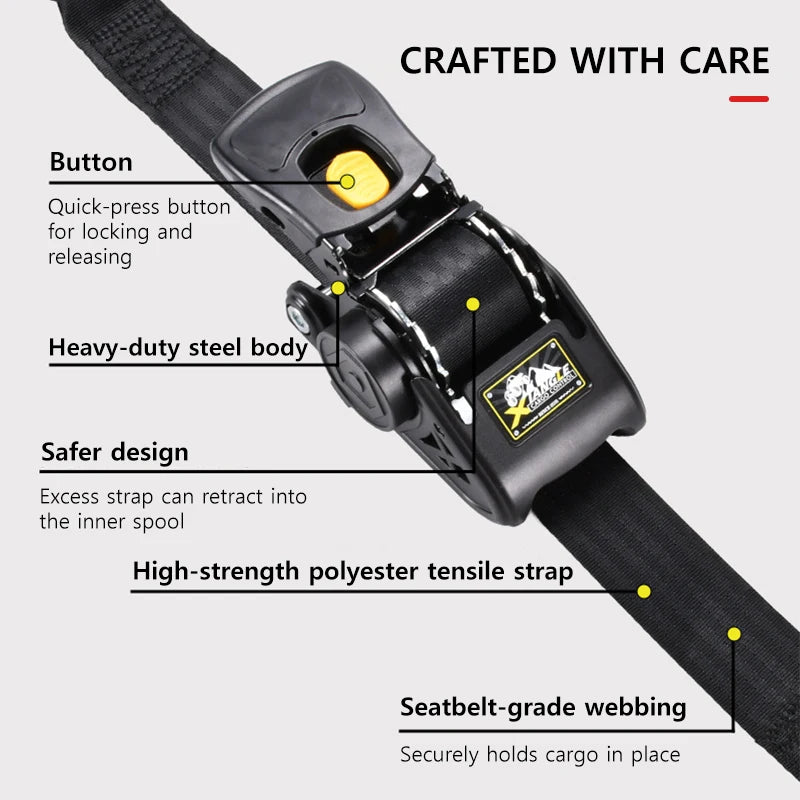 Heavy Duty Automatic Retractable Ratchet Strap 3.3m 680kg Quick Release S-Hook for Motorcycle