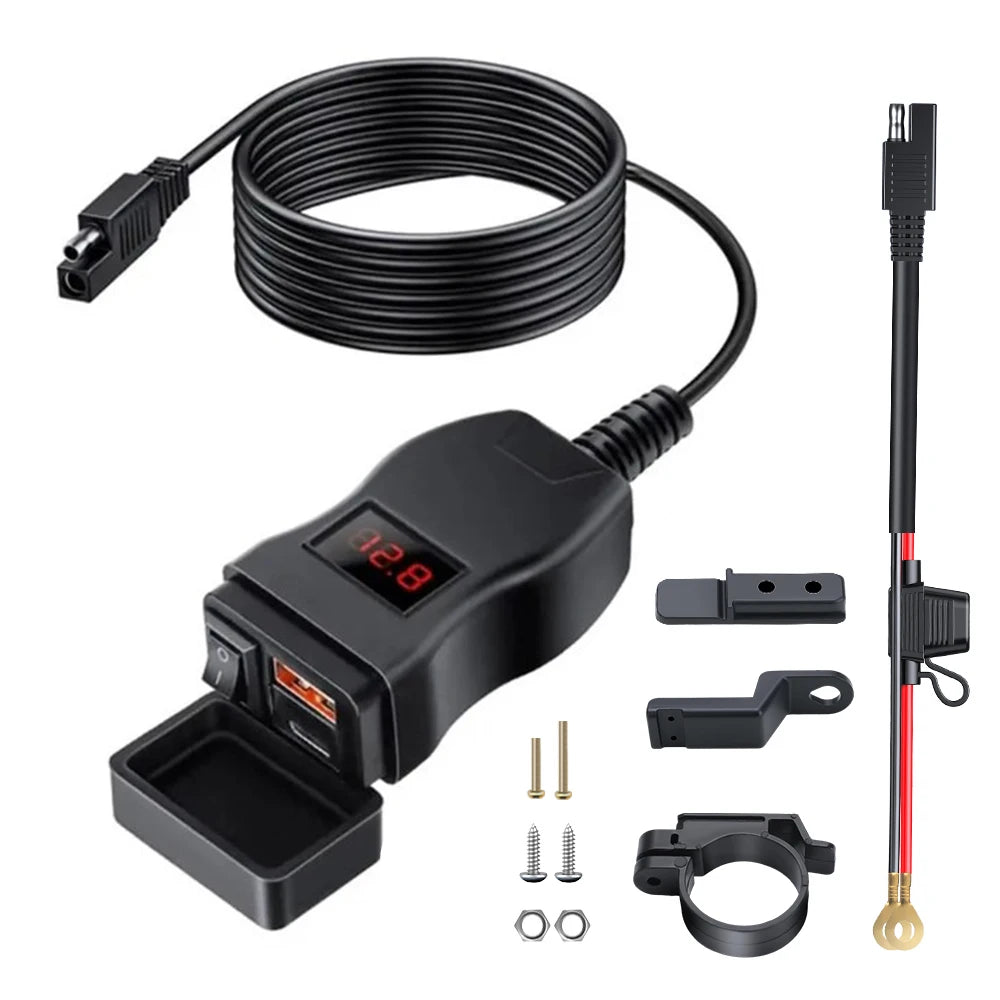 Motorcycle USB Fast Charger Waterproof USB Type C Charger 12V Power Supply Adapter with Switch Voltmeter Socket