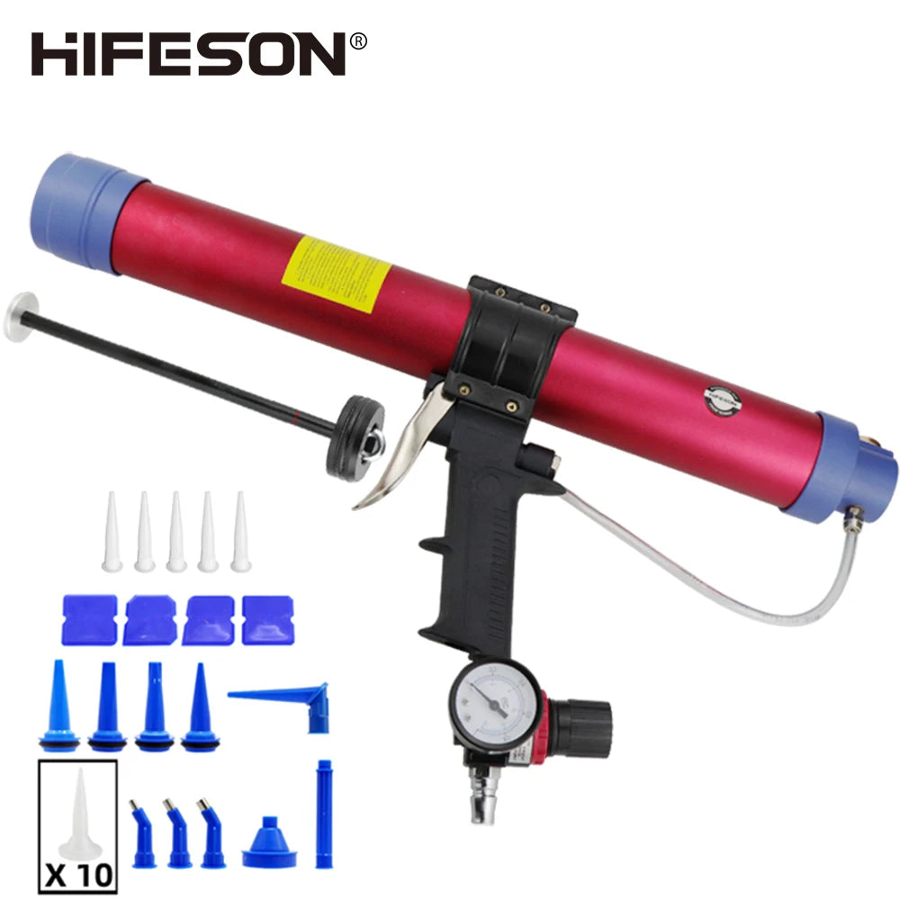 600ml Sausage Pneumatic Caulking Gun Silicone Sealant Applicator with 10 Glue Nozzles