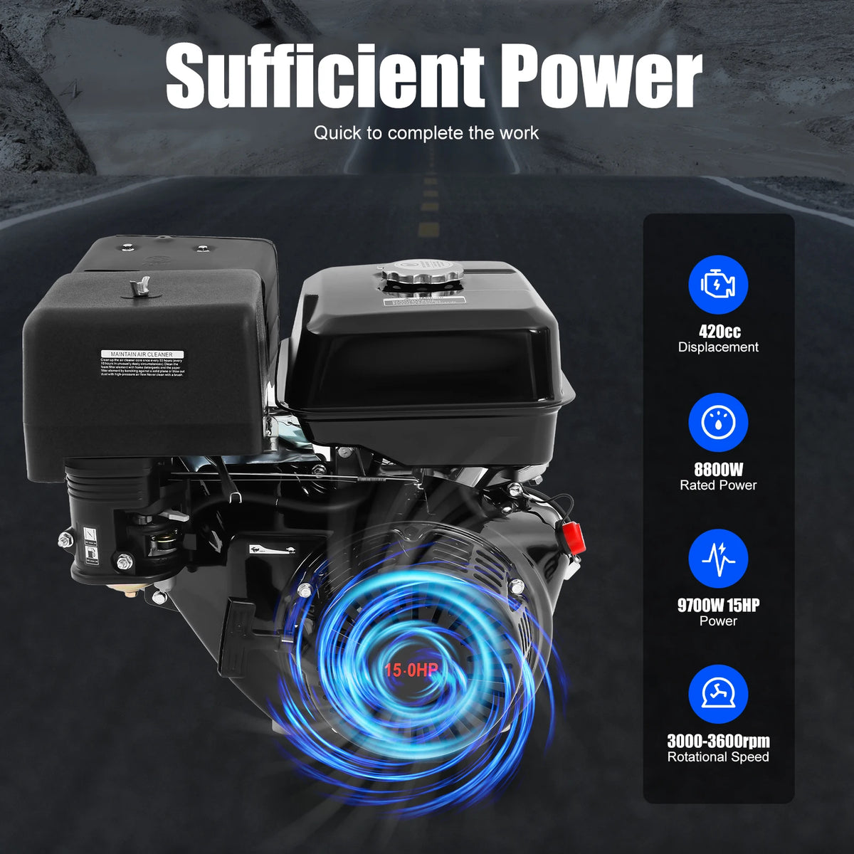 420cc 15HP Gas Engine, 4-Stroke OHV, Pull Start