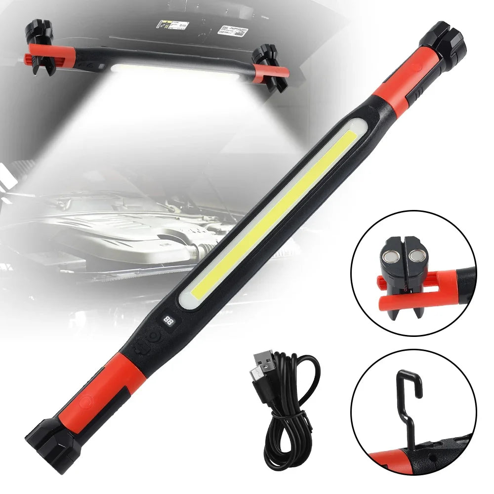 High Lumen Rechargeable LED Work Light for Car Emergency Repair, Powerful Magnetic Flashlight with Hooks and Magnetic Base