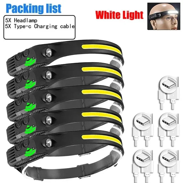 USB Rechargeable LED Sensor Headlamp, COB Waterproof Work Light for Camping