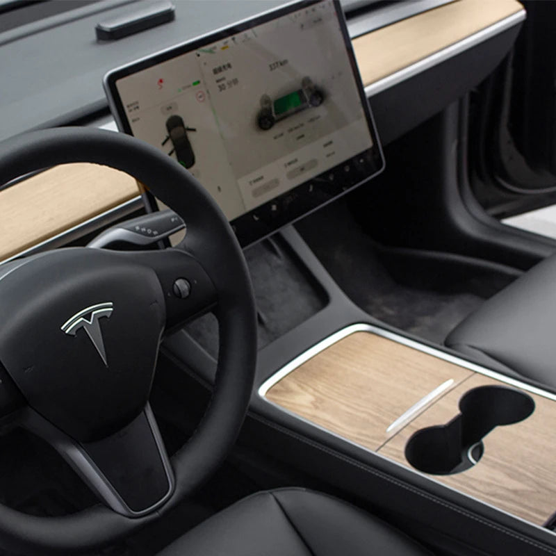 Wood Grain and Carbon Look Center Console Film for Tesla Model Y 2021-2023