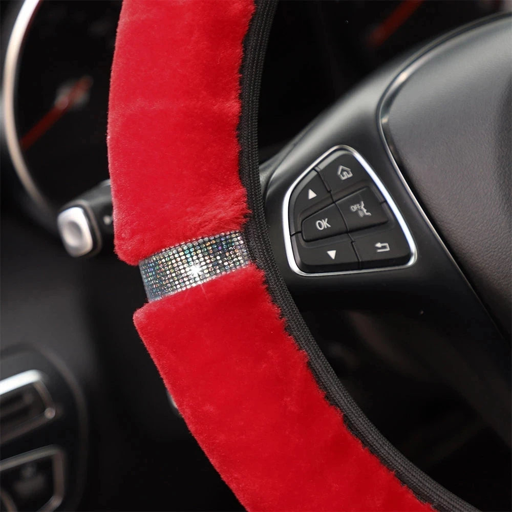 Plush Steering Wheel, Gearshift & Handbrake Cover Set with Rhinestones