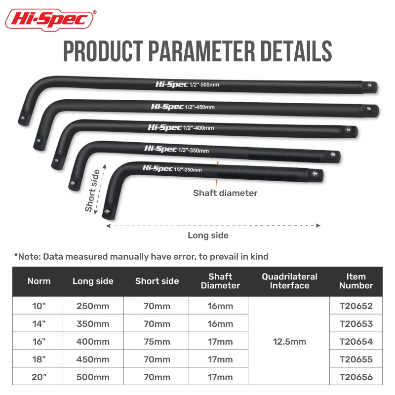Hi-Spec 1/2 In Extra Long L Bar Breaker Bar Socket Wrench Handle CR-V Steel Anti Rust 250—500mm for Auto Repair Garage Hand Tool