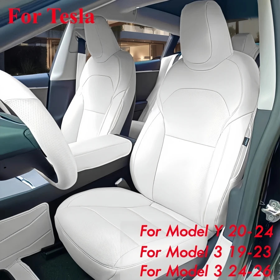 White PU Leather Seat Covers for Tesla Model Y and Model 3, Full 5-Seat Set