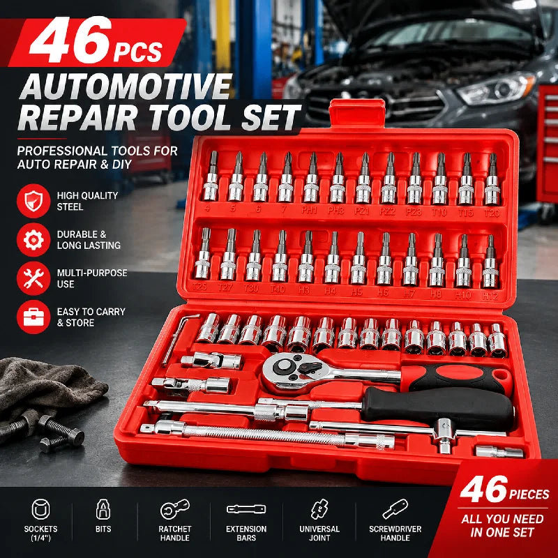 46Pcs Car Repair Tool Kit 1/4 Socket Set with Ratchet Wrench and Screwdriver for Machine Repair