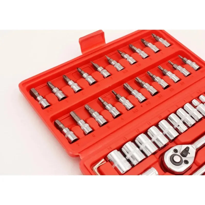 46Pcs Car Repair Tool Kit 1/4 Socket Set with Ratchet Wrench and Screwdriver for Machine Repair
