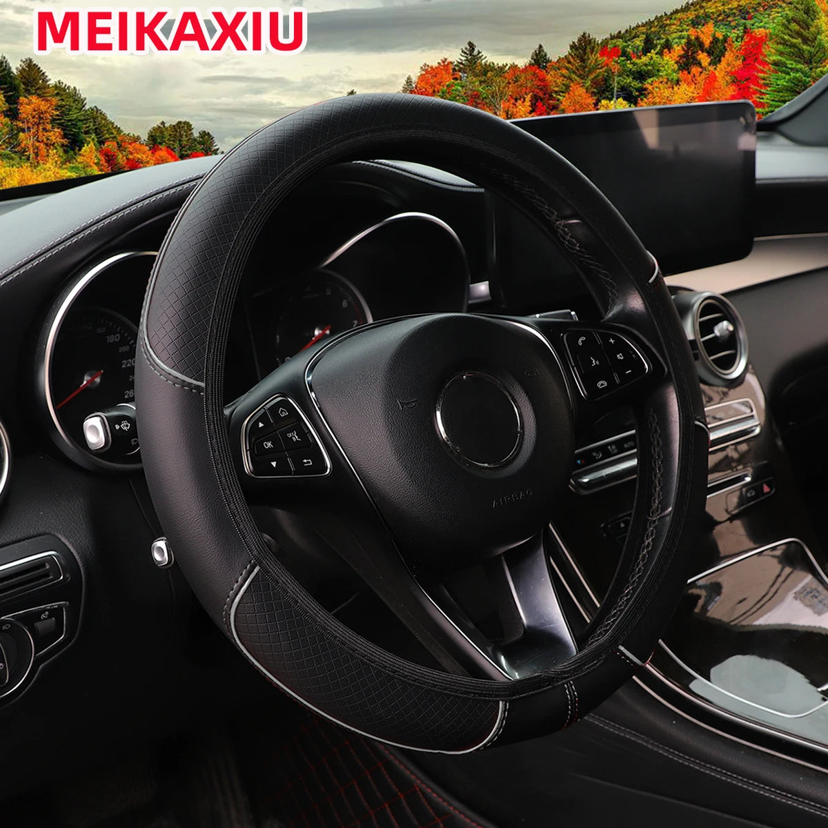 Check Pattern Embossed PU Leather Steering Wheel Cover, 37-38cm
