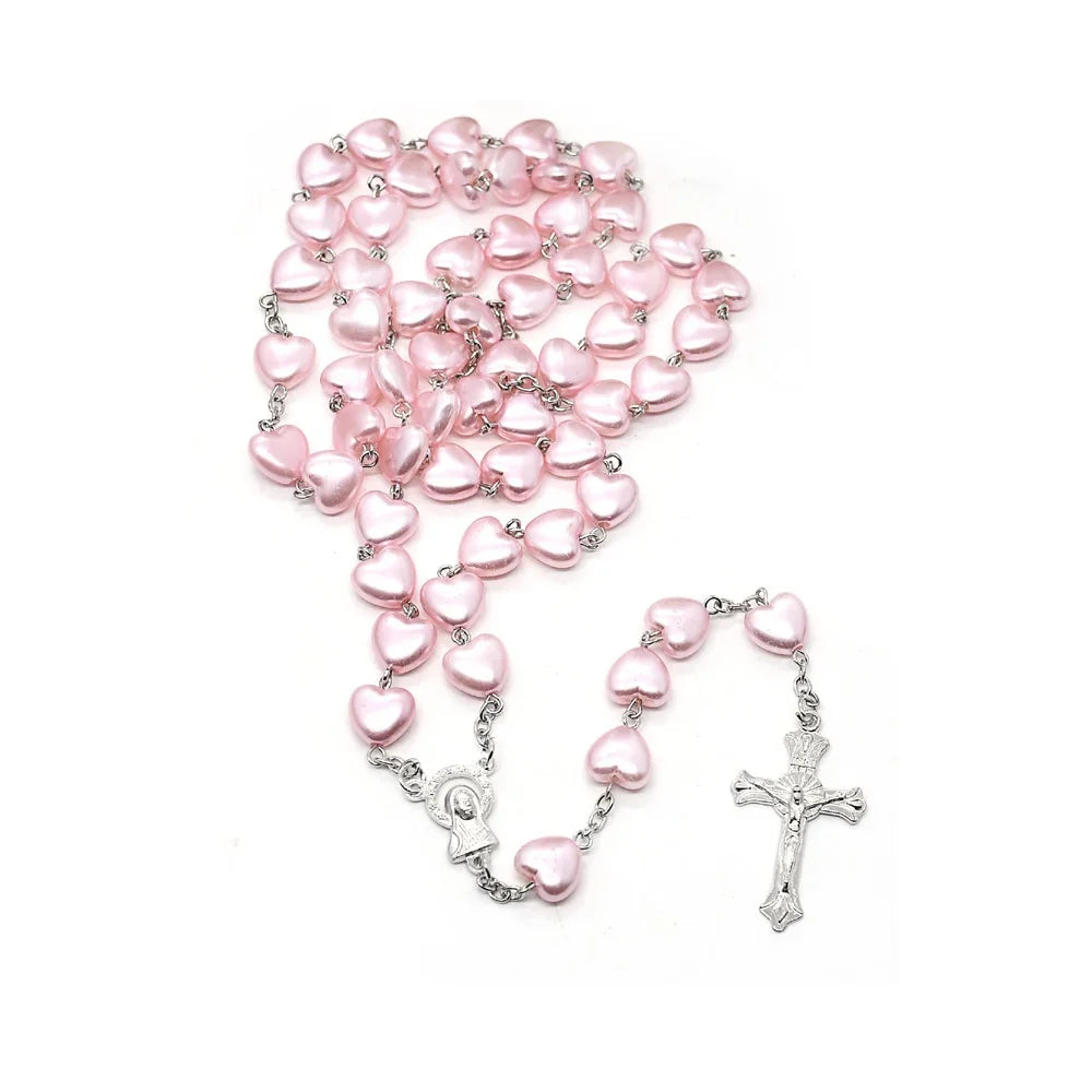 Catholic Rosary Pendant Necklace White Heart Beads Car Ornament - image 3