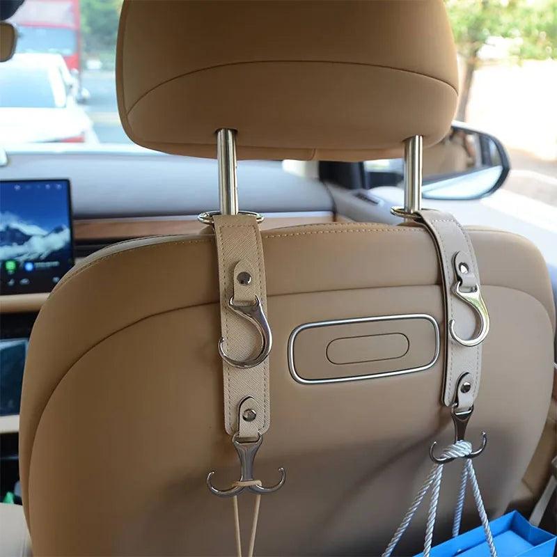 1Pc Premium Car Seat Back Hooks - Dual-Function PU Leather & Metal Design Strong Load-Bearing Fits All Cars Easy Install