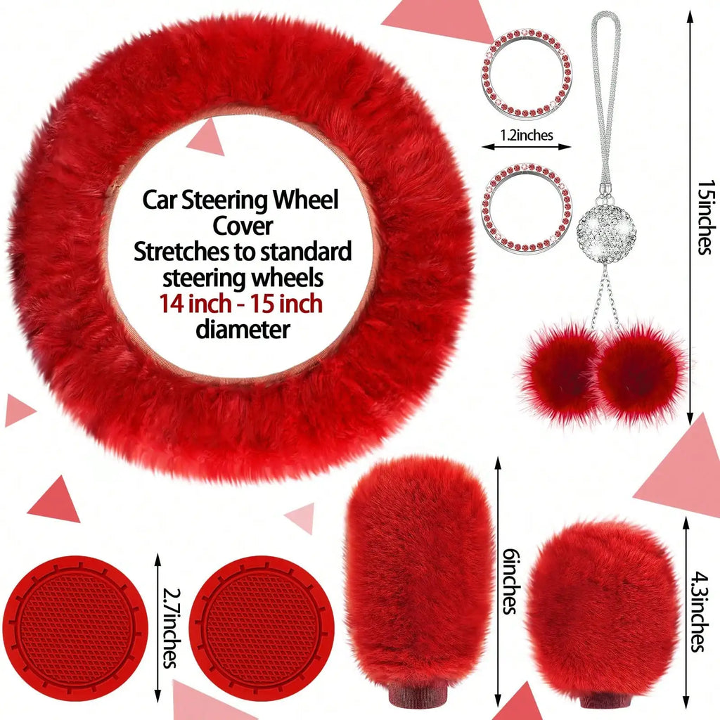 35-Piece Luxury Car Seat Cover Set - Soft Fluffy Steering Wheel Cover, Universal Safety Belt Protectors, Gear Shift Cover, Fashionable Interior Accessories For Women - Premium Polyester Fiber, Easy To Install, Stylish, And Pr