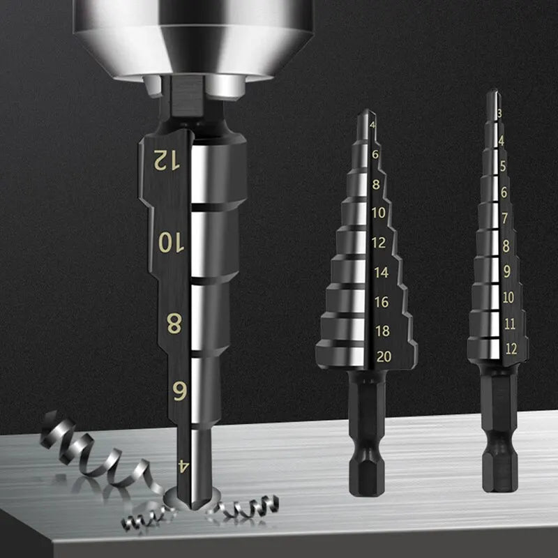 3Pcs HSS Step Drill Bit Set 3-12/4-12/4-20mm Hex Shank Wood Metal - image 2
