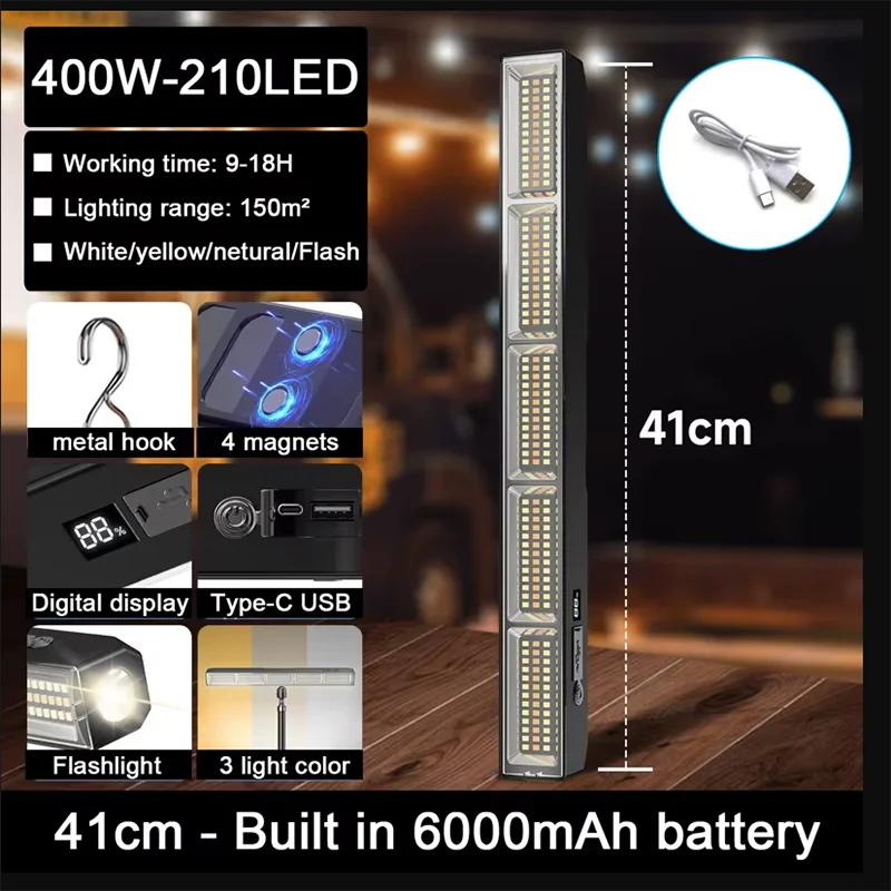 Magnetic LED Work Light Bar USB Rechargeable Portable 3 Modes IP66 Waterproof Emergency Power Bank Lamp Camping Garage Repair RV