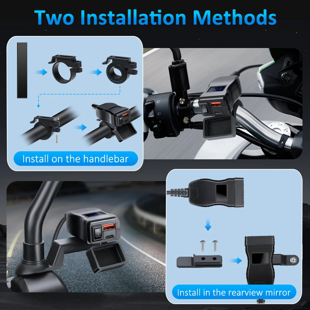 Motorcycle USB Fast Charger Waterproof USB Type C Charger 12V Power Supply Adapter with Switch Voltmeter Socket
