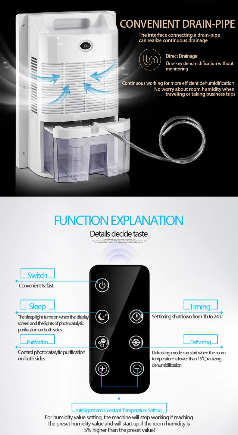 Dehumidifier Moisture Absorber Household Mute Bedroom Basement Remote Control Timing