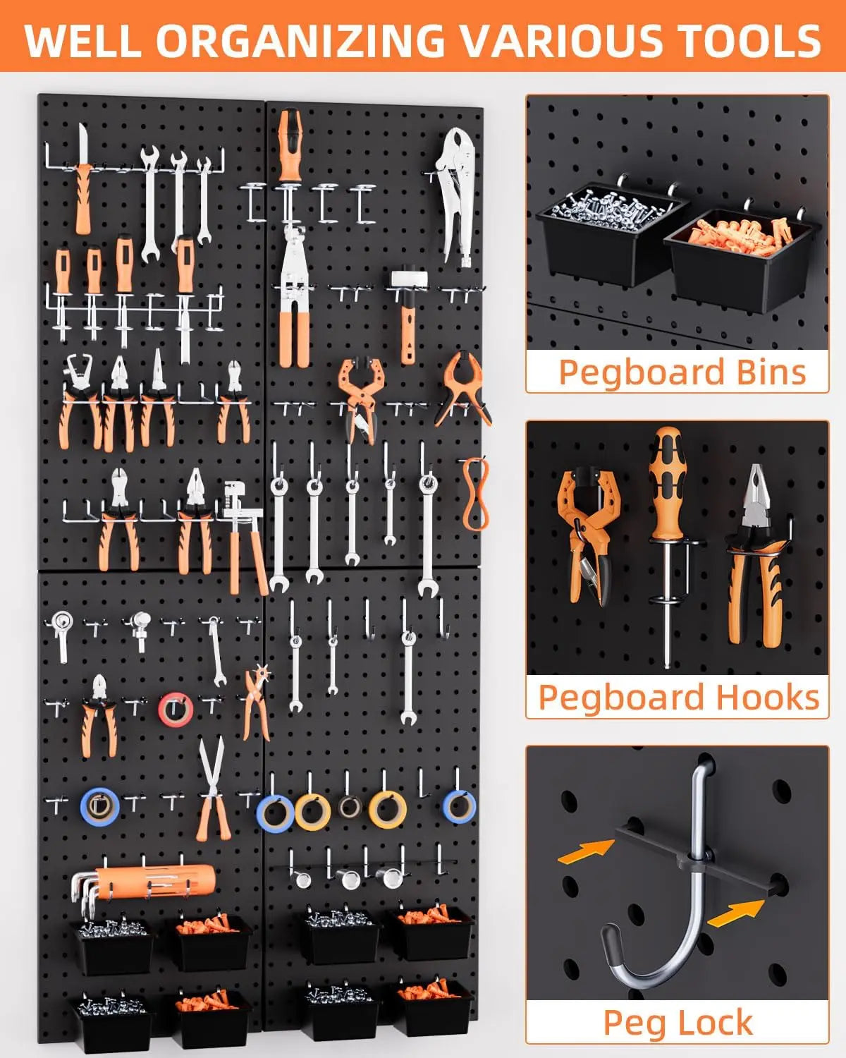 158PCS Metal Pegboard Wall Organizer, 12*24 Inch Black Pegboard Panels Tool Organizer Kit with Accessories Hooks and Bins