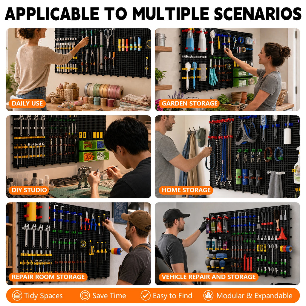 Plastic Pegboard Wall Organizer Kit, 6 Black Panels 91 X 40cm, 200 Accessories with Hooks, Clips & Holders, Modular Tool Storage