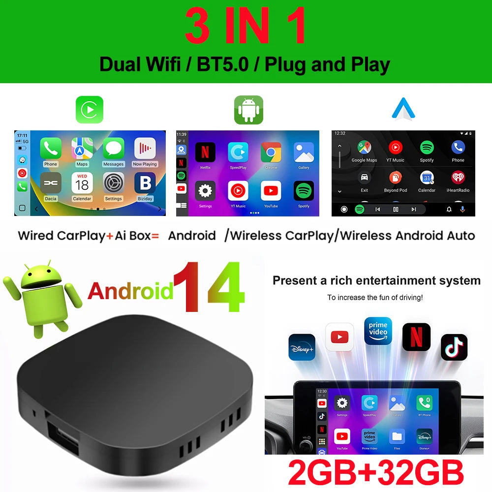 Android 13 Wireless CarPlay AI Box with Streaming Apps