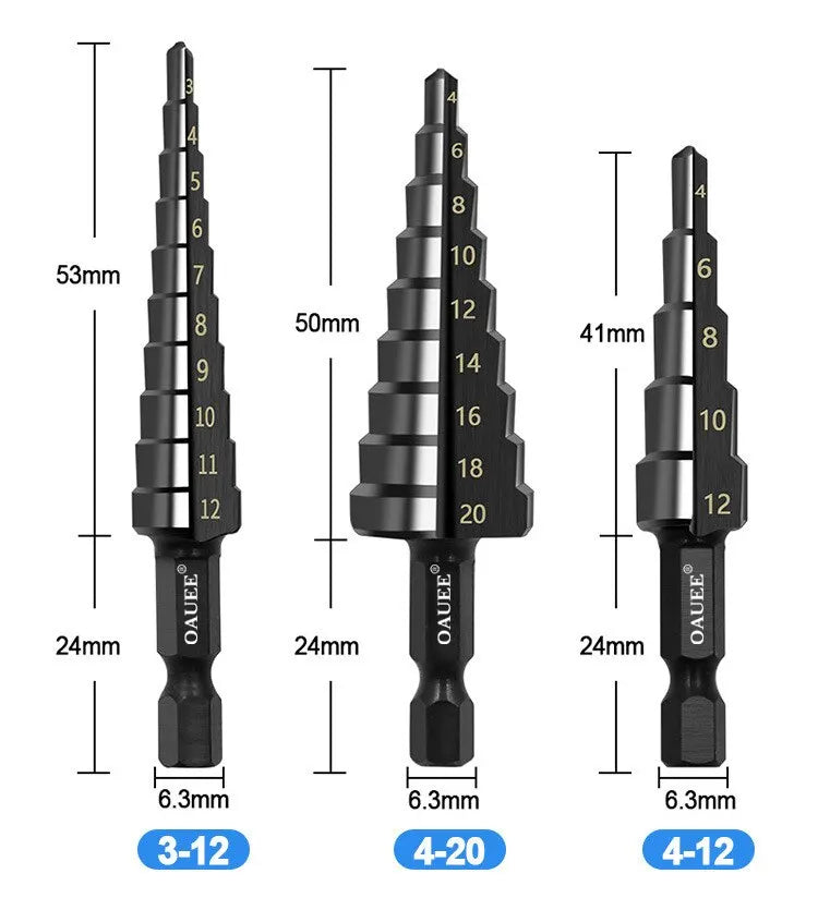 3Pcs HSS Step Drill Bit Set 3-12/4-12/4-20mm Hex Shank Wood Metal - image 15