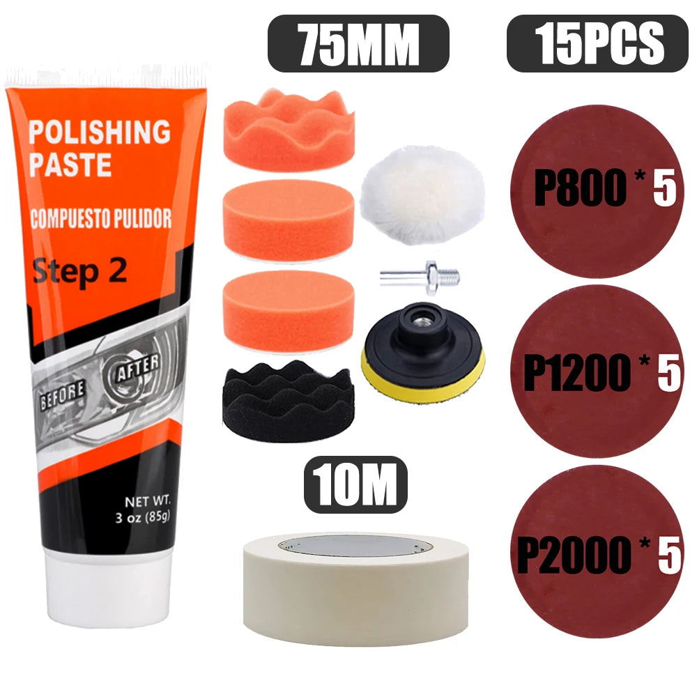 Car Headlight Restoration Kit with Polishing Paste, Sanding & Wax