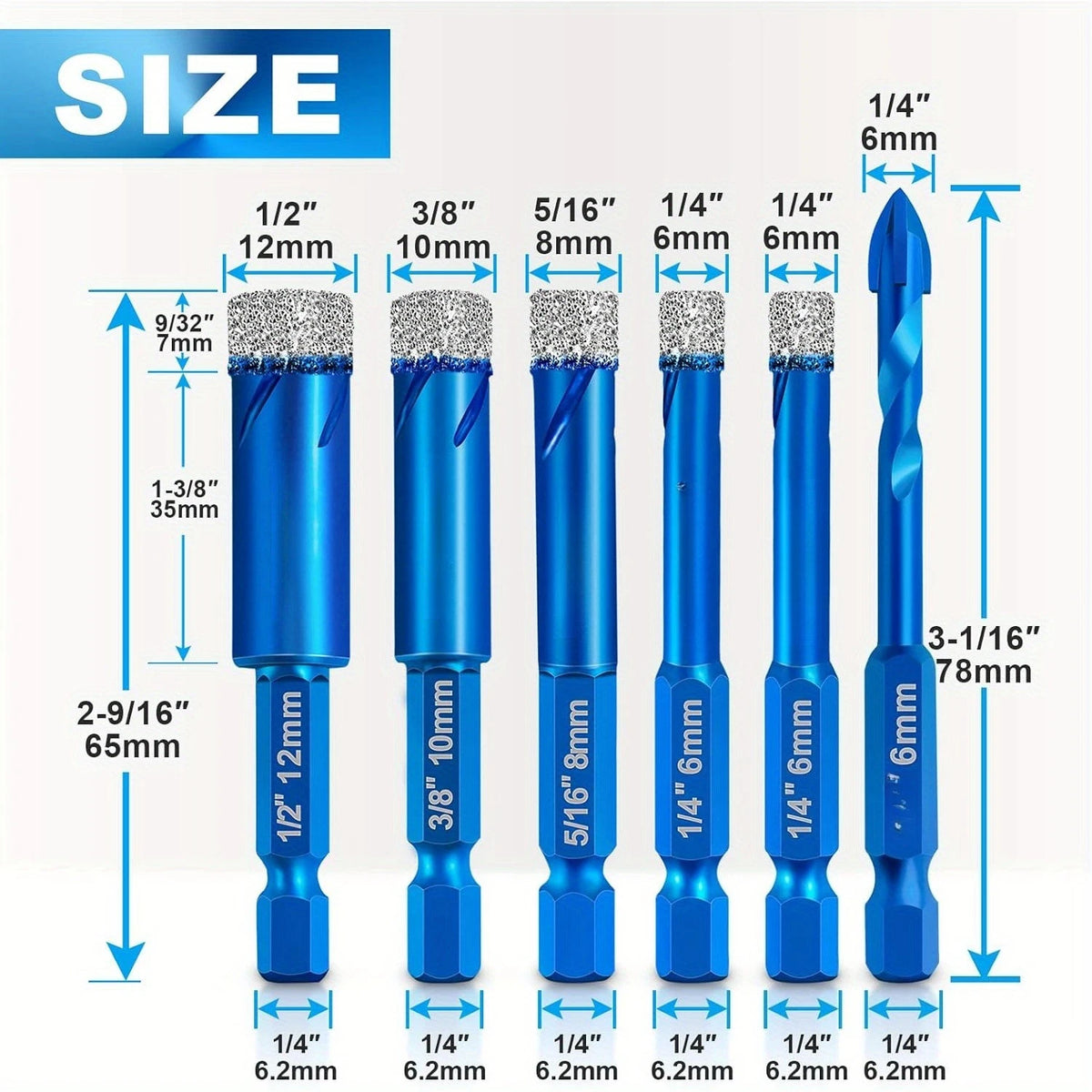 6pcs  Drill Bit Set for Hard Tiles Ceramic Porcelain Stoneware Marble Granite