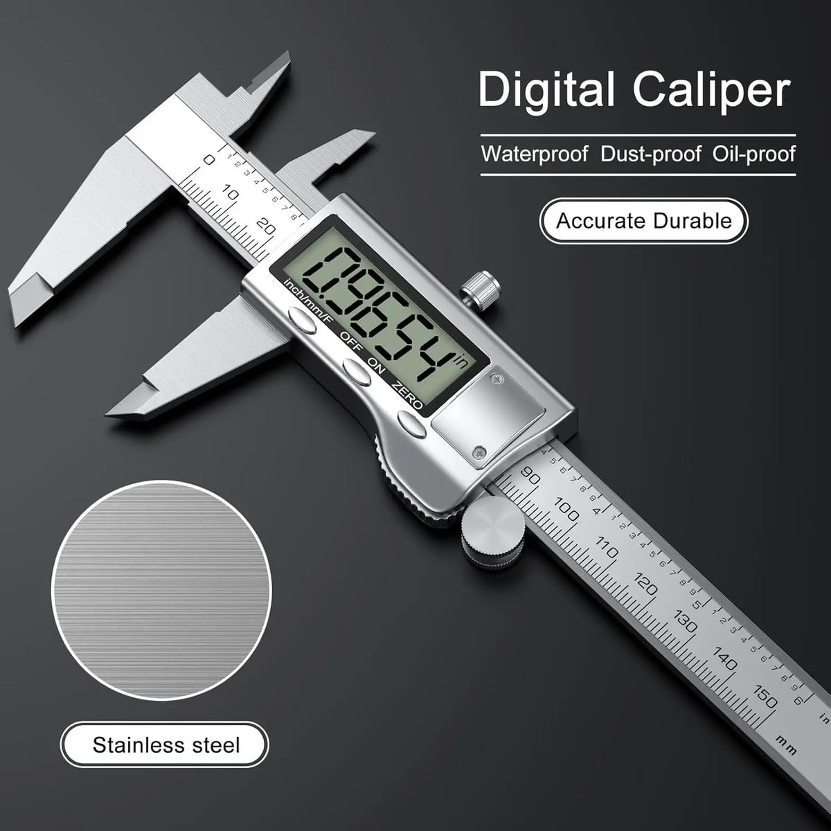 6" Digital Stainless Caliper: Large LCD Screen, Auto-Off, Splash-Proof, Converts Inch/Metric/Fraction (150-200mm)