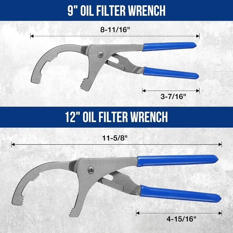 Oil Filter Wrench Set Professional 9" & 12" Adjustable Oil Filter Removal Pliers Tools Ideal for Engine Filters Cars and Trucks