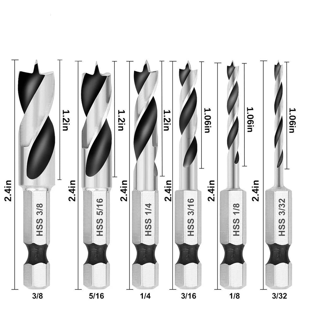 5/6pcs HSS SAE Brad Three Point Stubby Drill Bit Set for Wood With 1/4-Inch Quick Change Hex Shank 3/32 1/8 3/16 1/4 5/16 3/8