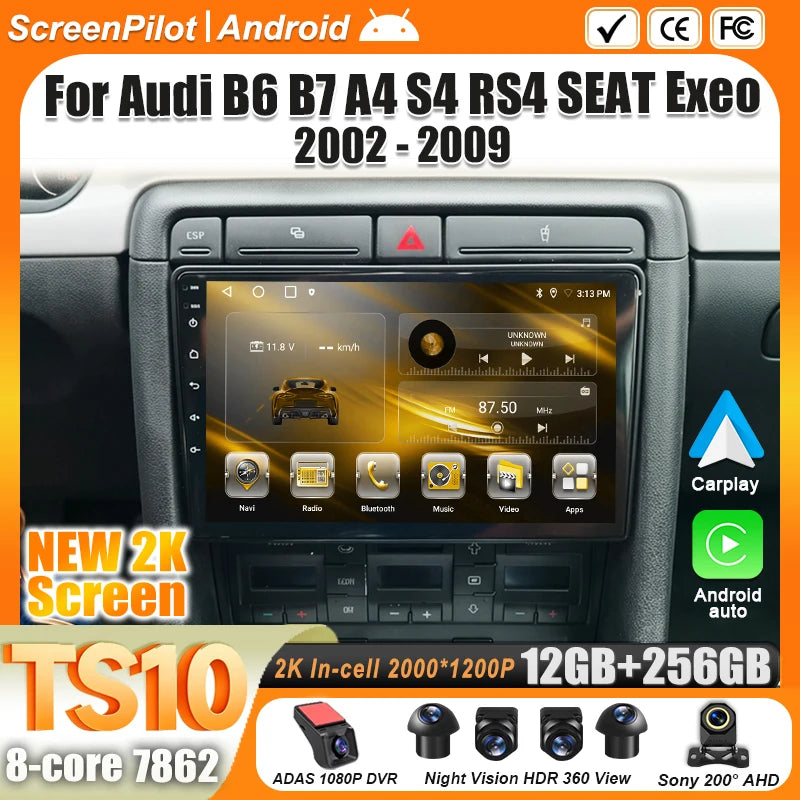 Android 16 9'' Car Radio for Audi A4/S4/RS4 2002-2009 CarPlay