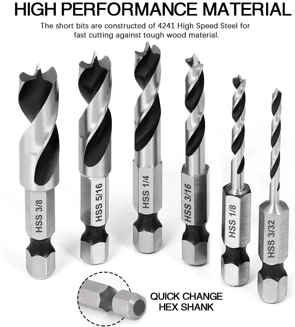 5/6pcs HSS SAE Brad Three Point Stubby Drill Bit Set for Wood With 1/4-Inch Quick Change Hex Shank 3/32 1/8 3/16 1/4 5/16 3/8
