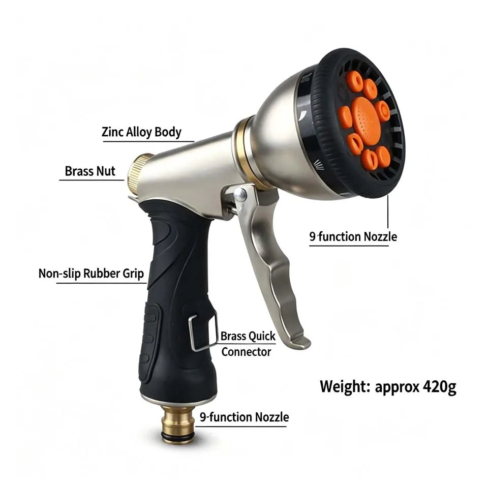 Multifunctional Car Wash & Garden Hose Nozzle Spray Gun,Heavy Duty Metal Body Rustproof Durable Watering Tool for Auto and Lawn