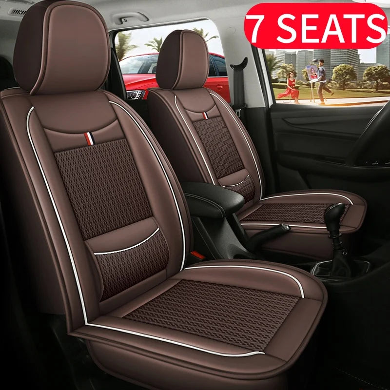 7-Seater, Luxurious Ice Silk/PU Leather Car Seat Cover, Suitable for All Seasons, High-End Car Interior Package, Suitable for Various MPV 7-Seater Seven Head Hat Styles, Comfortable, Breathable and Wear-Resistant, Enhancing Y