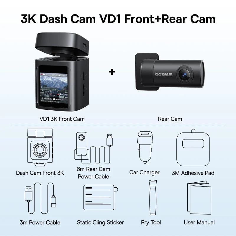 3K Front & Rear Dash Cam with Built-In GPS & 24H Parking Mode