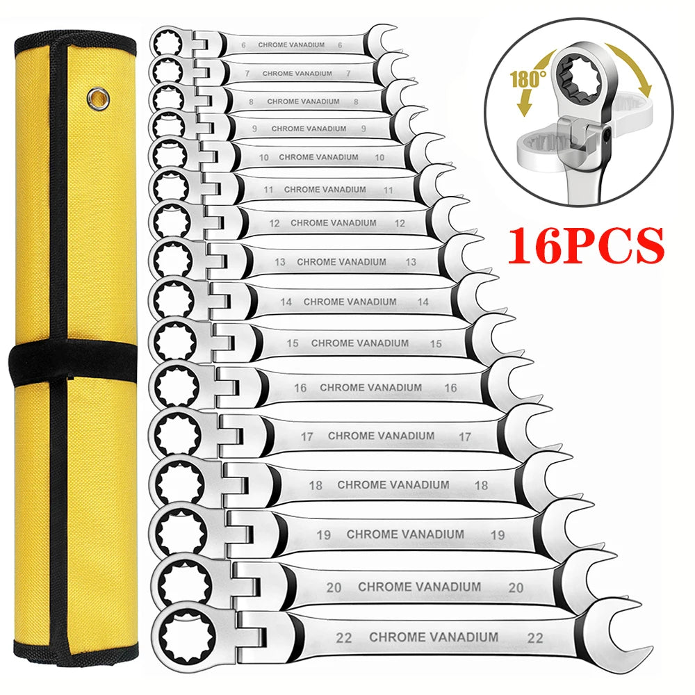 Combination Ratcheting Wrench Set, Chrome Vanadium Steel, with Bag
